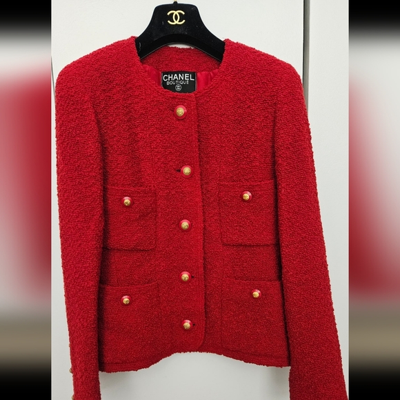 Vintage CHANEL Scarlet Bouclé Jacket with Gold Accents - Picture 1 of 6